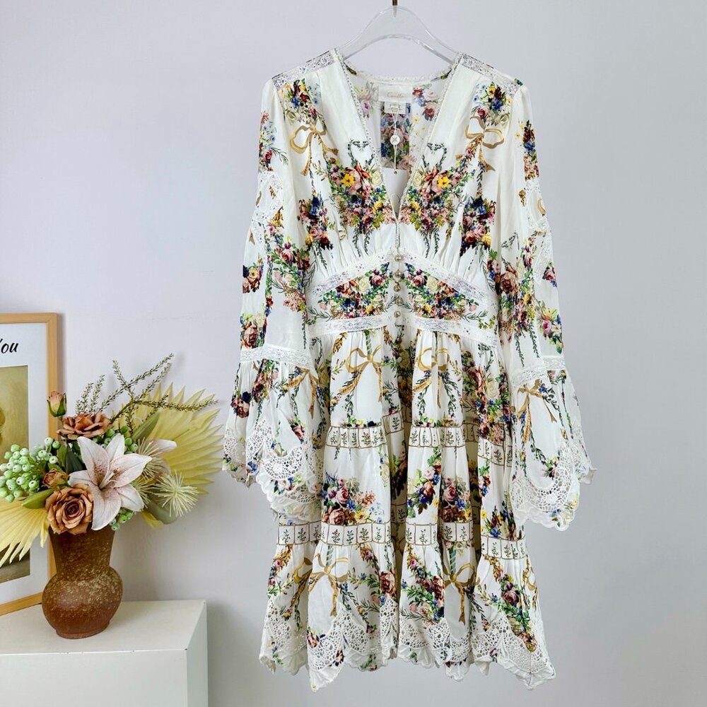 CAMILLA Silk Printed V-Neck Mini Dress
